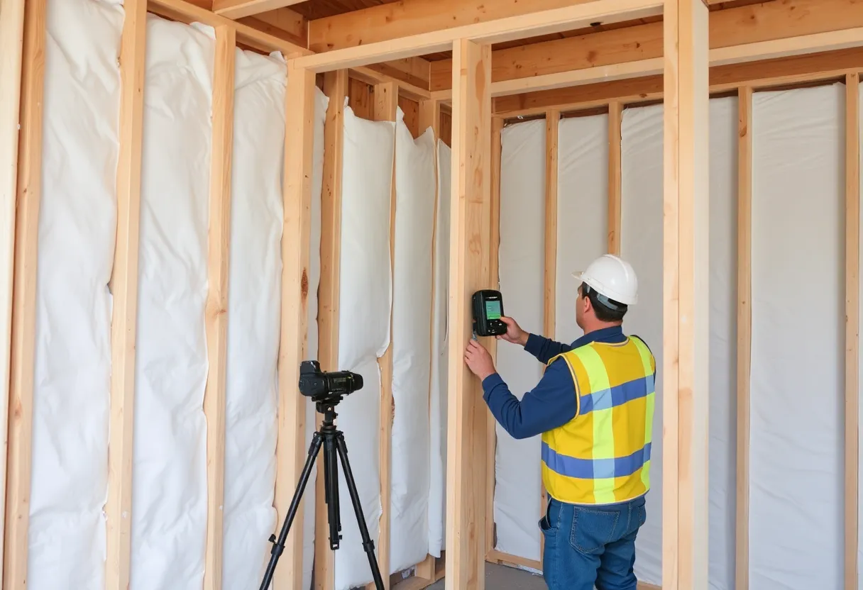 A construction worker installing insulation and an airtight membrane wrap on a house wall frame