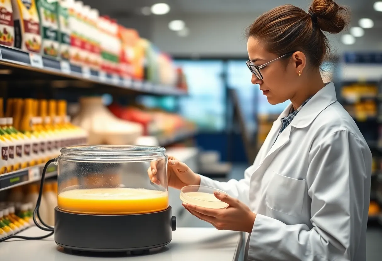 A scientist in a lab coat examining a fermentation culture sample next to a small bioreactor