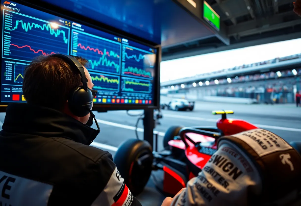 Formula 1 race engineer looking at live telemetry data graphs on a pit wall monitor