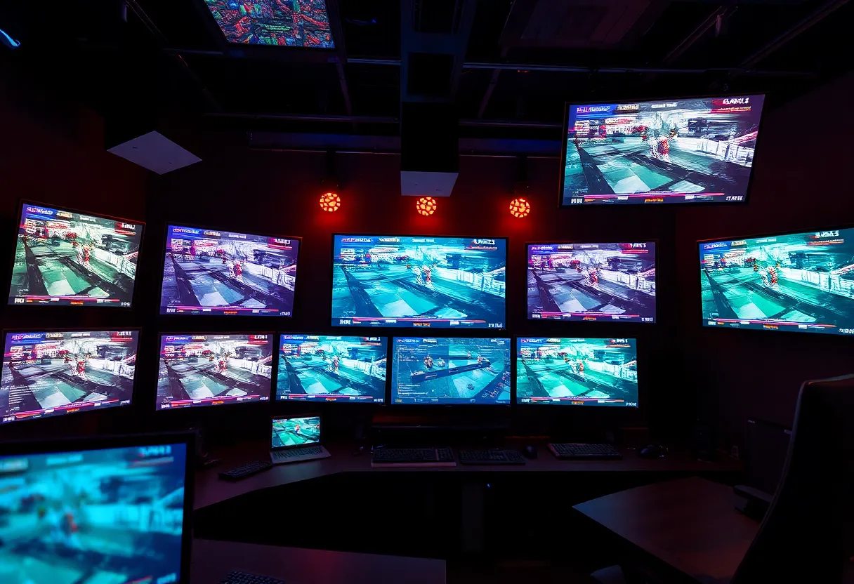 Esports broadcast production control room with multiple screens showing live game data overlays