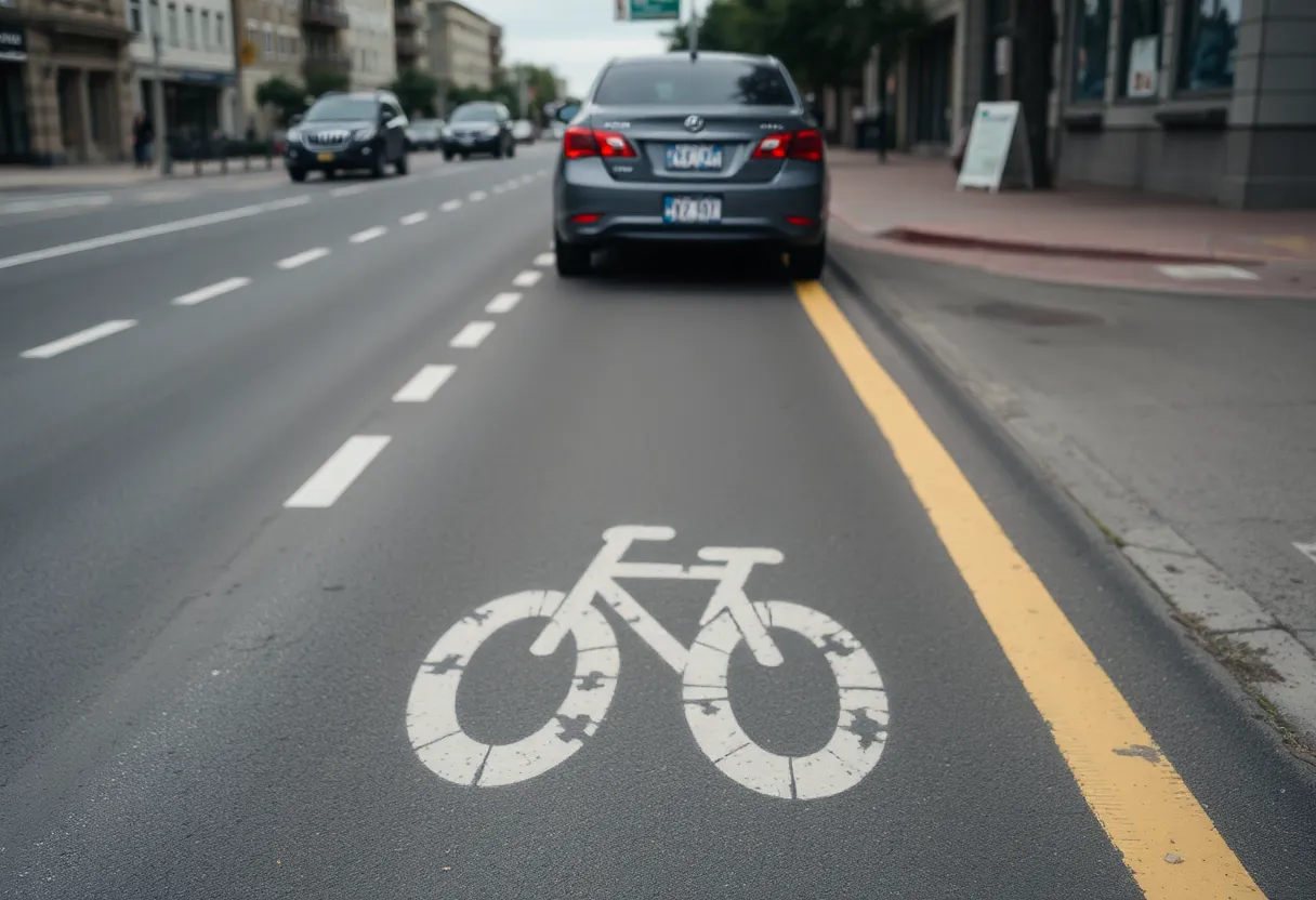A painted bike lane on a city street with a car parked partially inside it