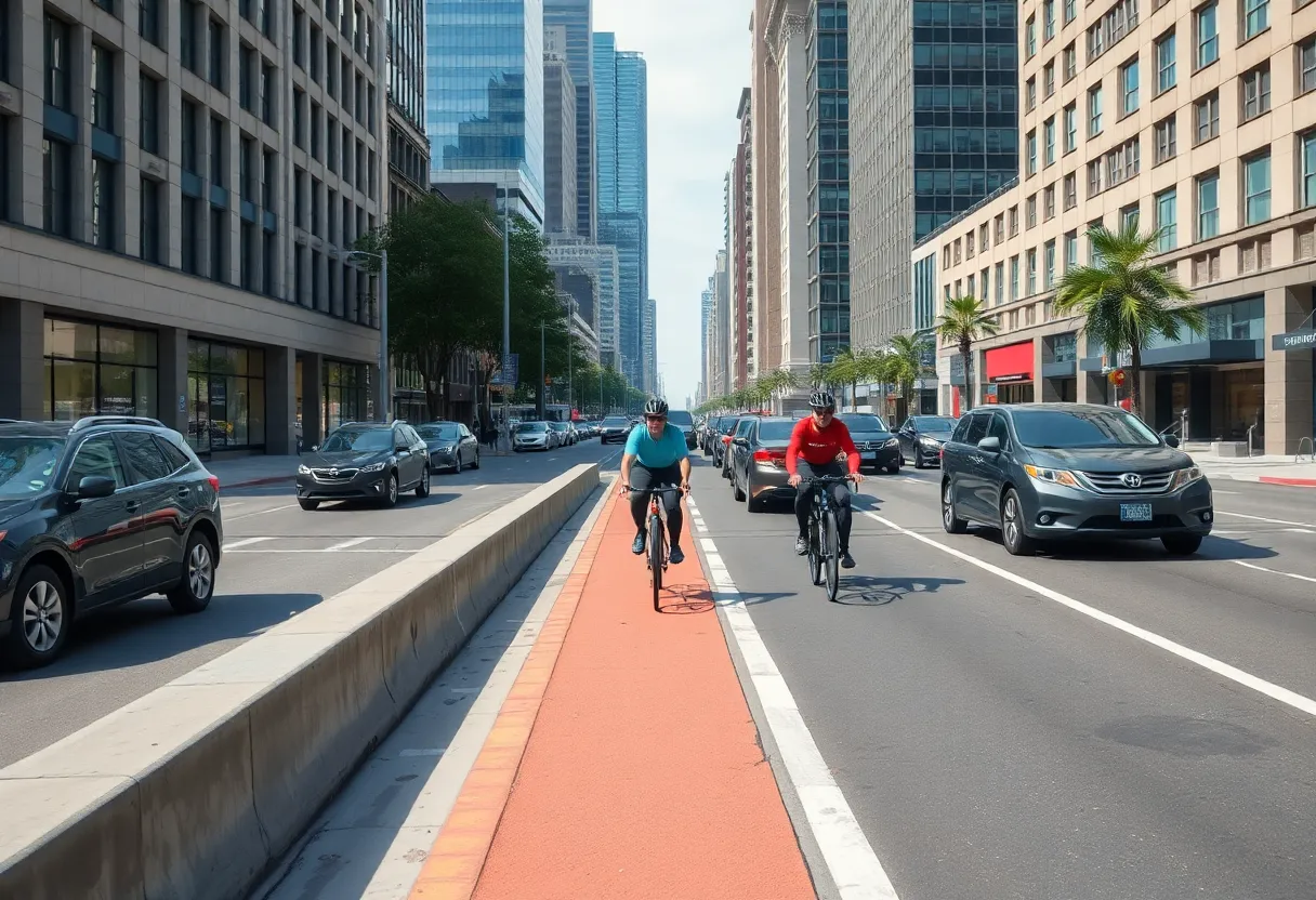 A physically protected bike lane with concrete curb separation from car traffic on a busy city street