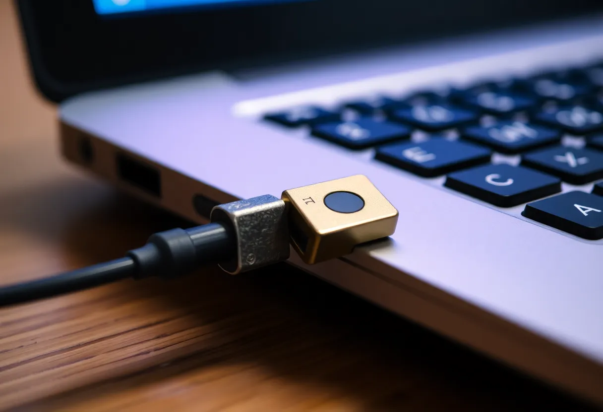 Close-up of a hardware security key plugged into a laptop USB port