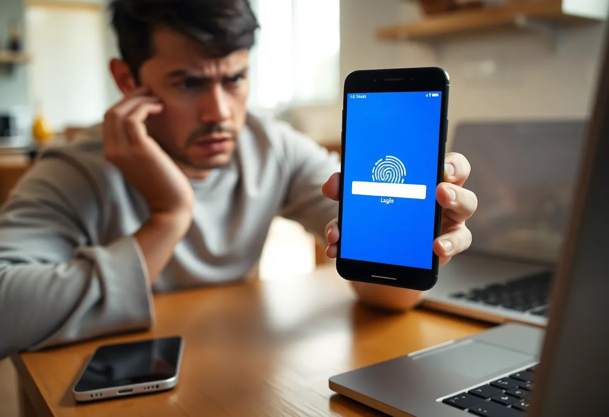 Person looking at a smartphone login screen with a fingerprint icon at a kitchen table