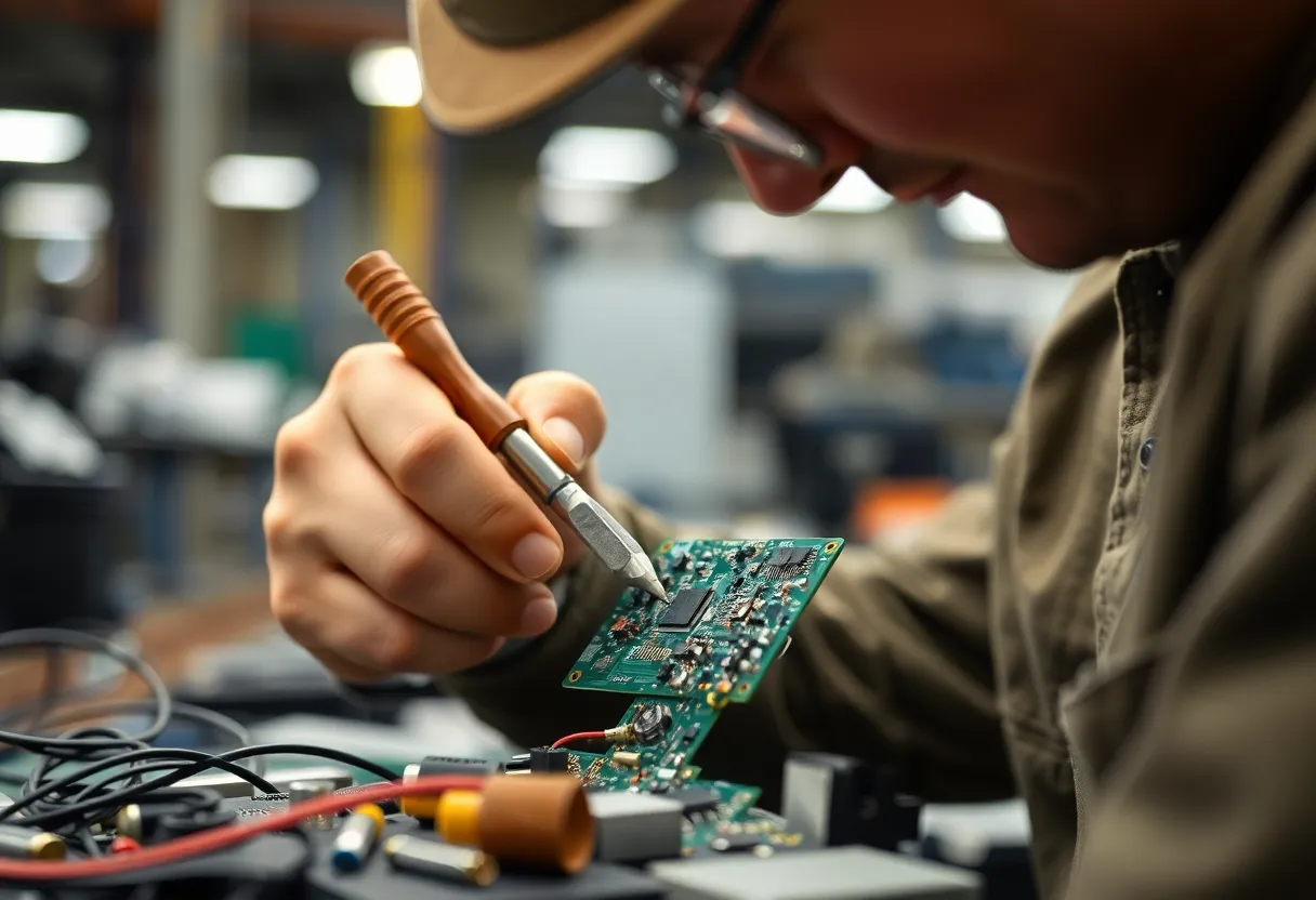 A worker dismantling an old circuit board with hand tools at an electronics recycling facility