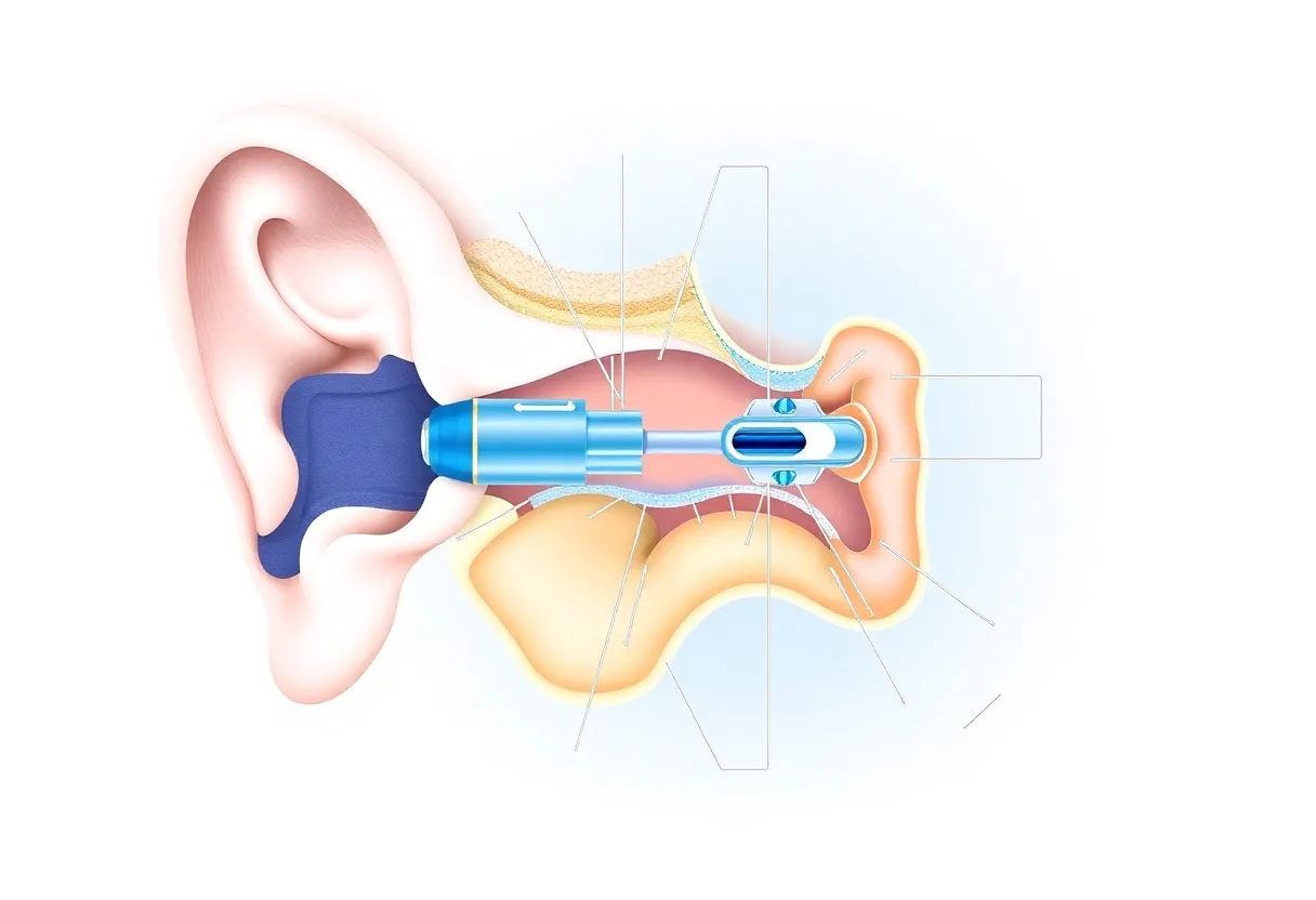 A detailed medical illustration of a cochlear implant device and internal ear anatomy cross-section
