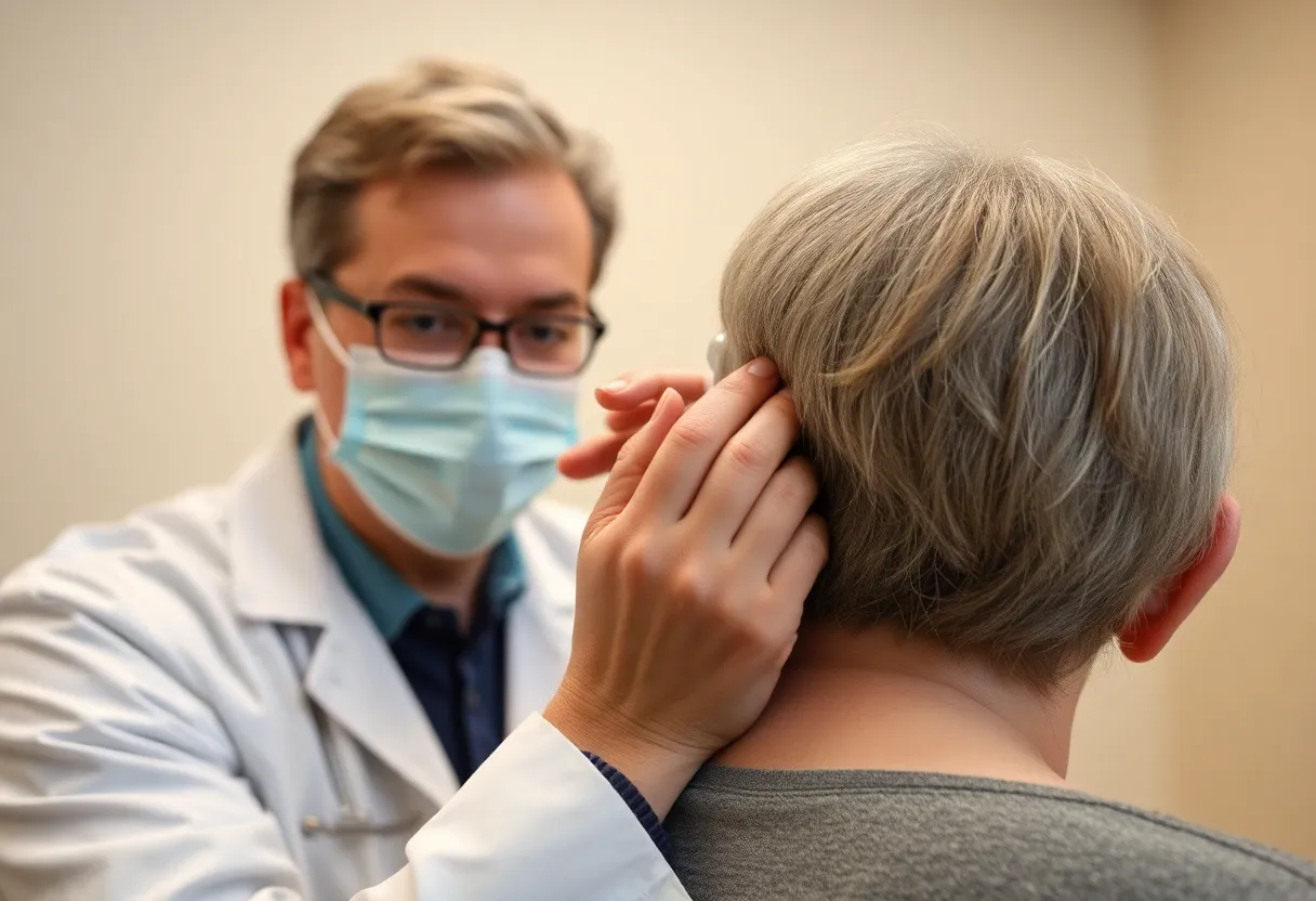 An audiologist fitting an external cochlear implant processor behind a patient's ear