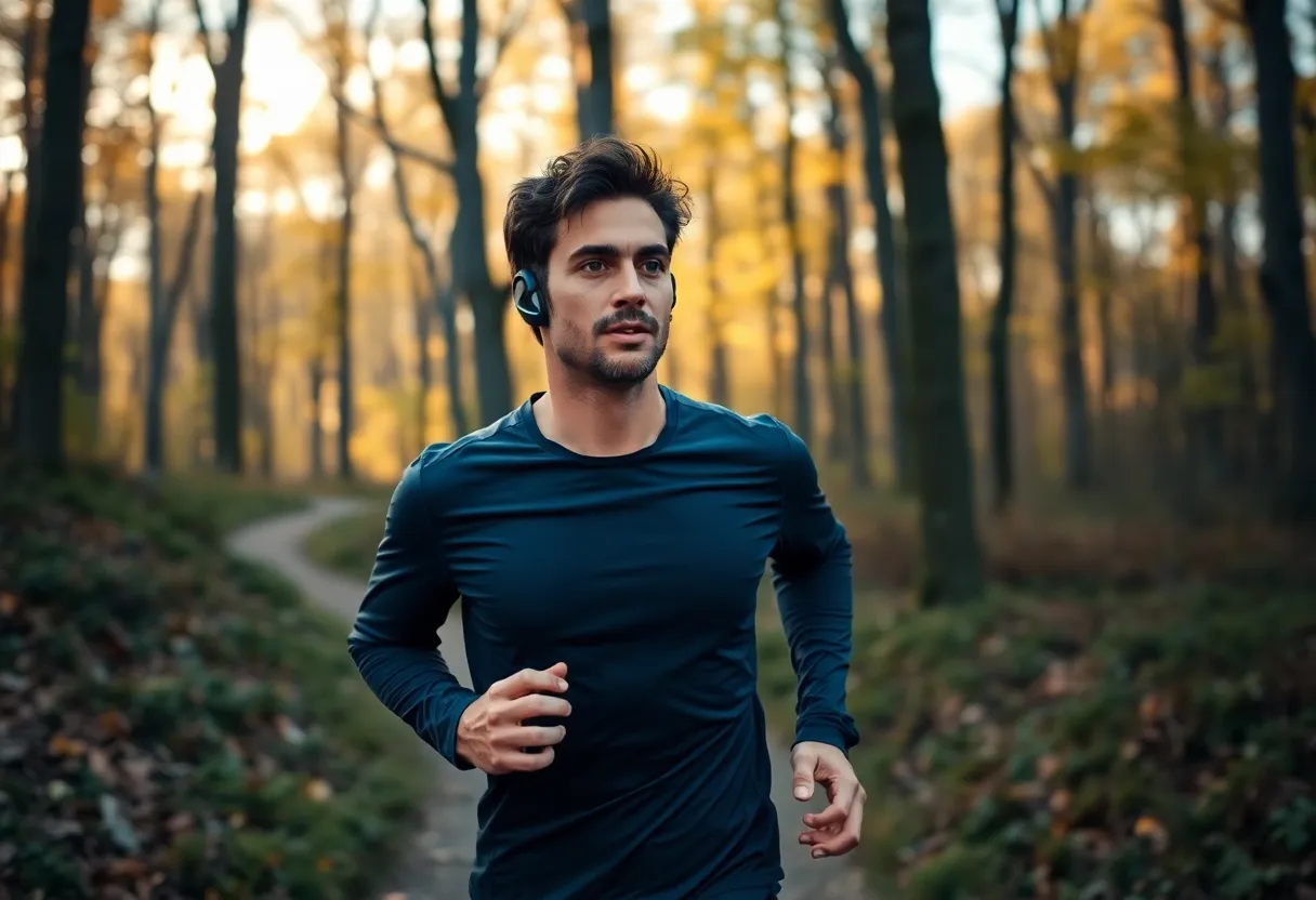 A runner wearing bone-conduction headphones on a wooded trail in morning light