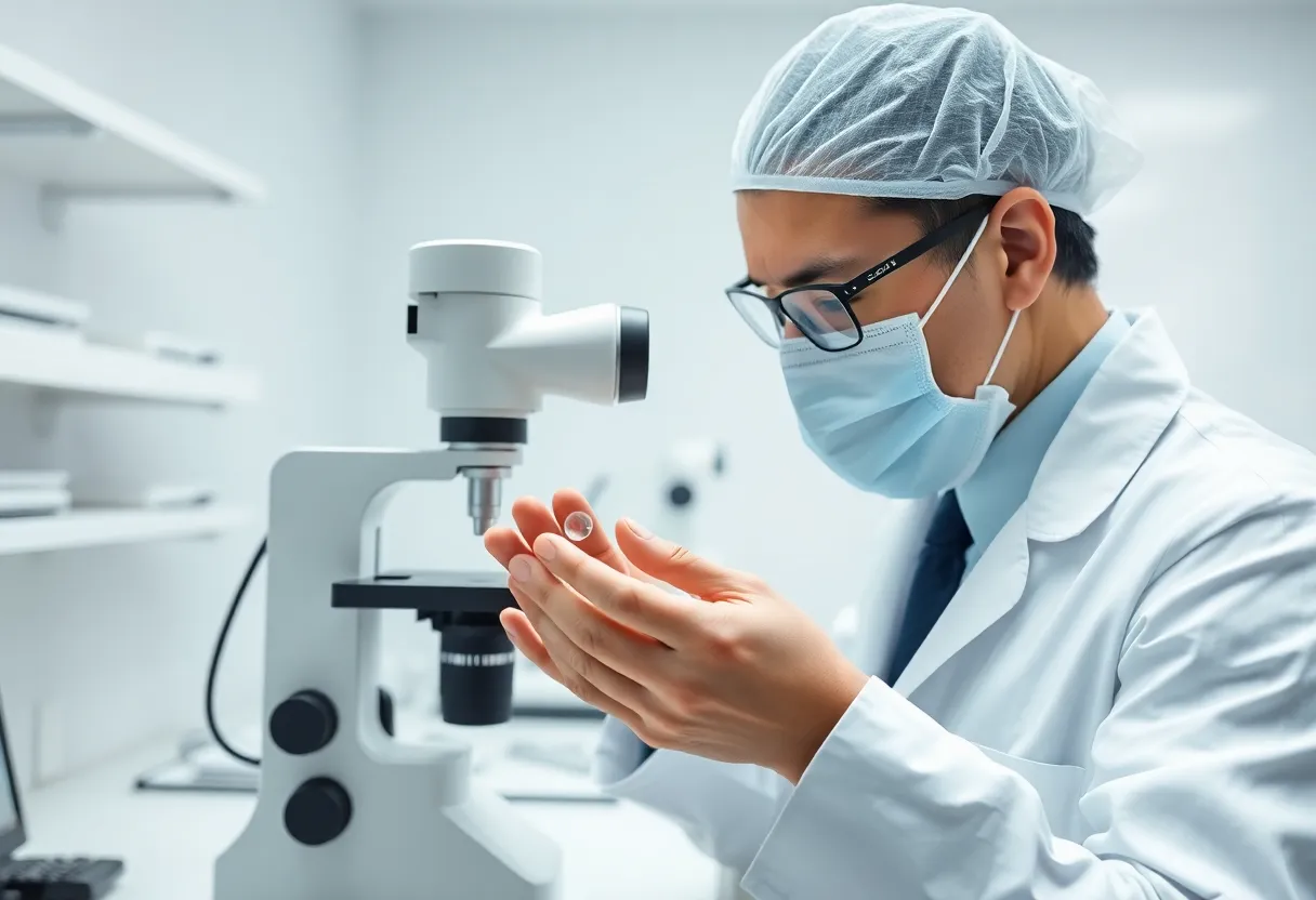 A biomedical engineer examining a small contact lens prototype under a microscope in a clean room lab