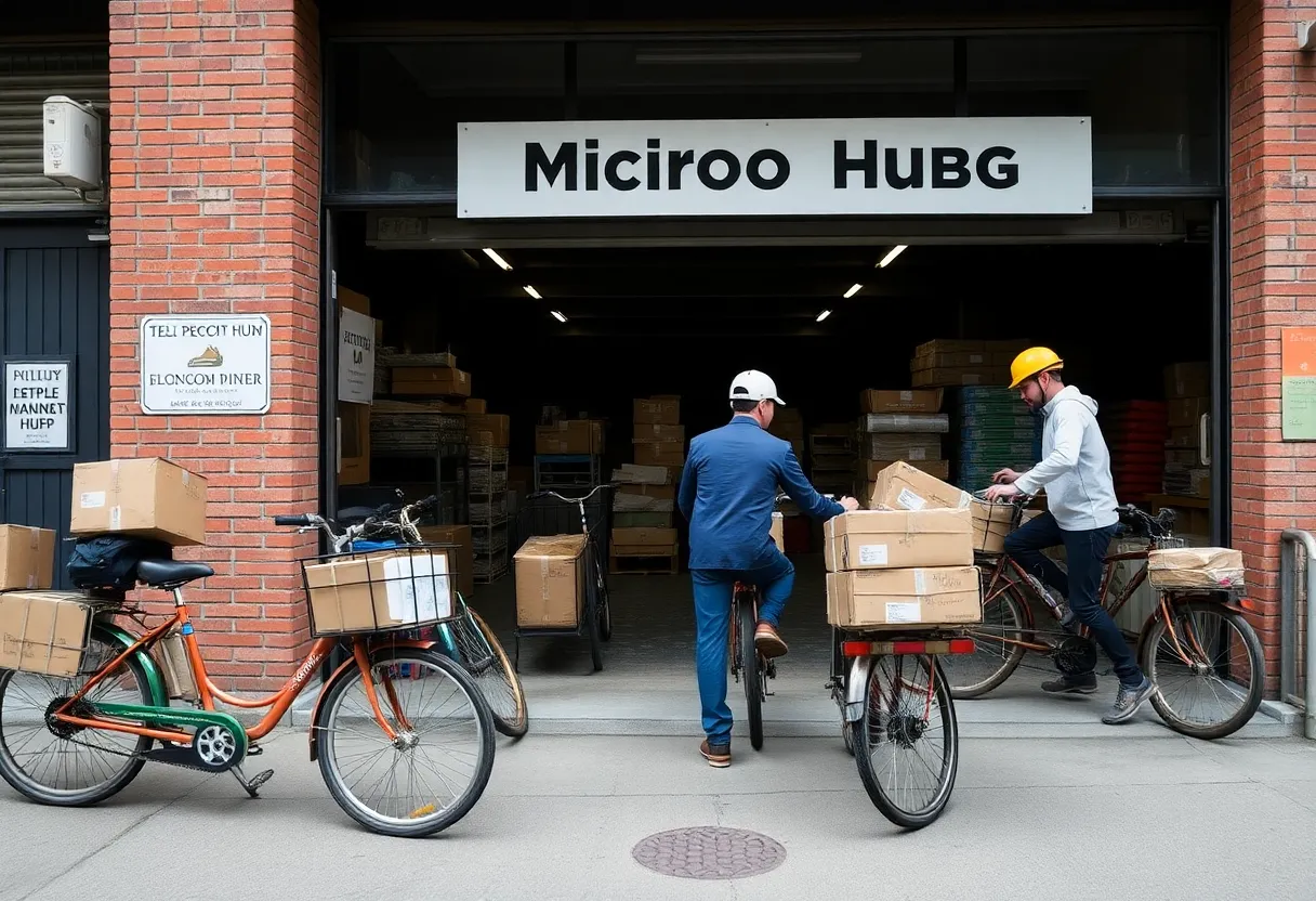 An urban micro-hub warehouse with cargo bikes being loaded with parcels by workers
