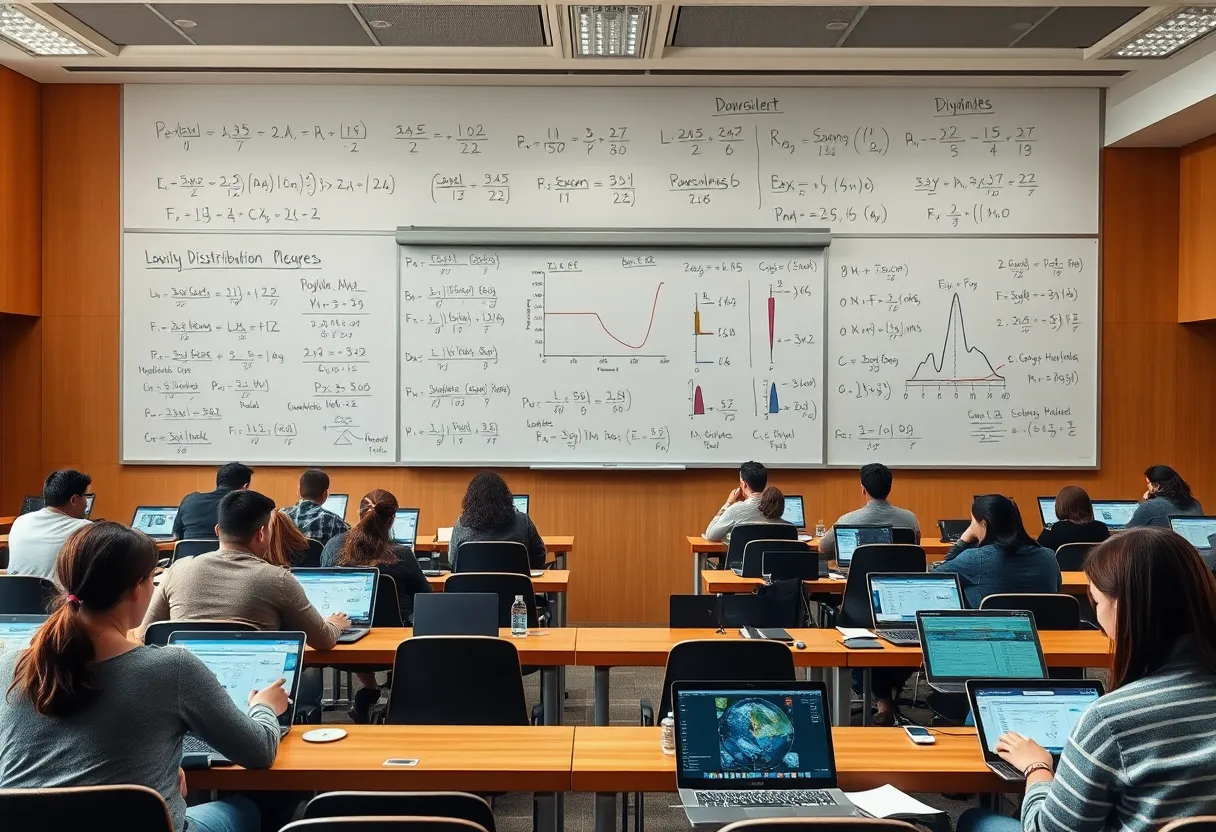 University lecture hall with students working on laptops beside a whiteboard of statistical equations