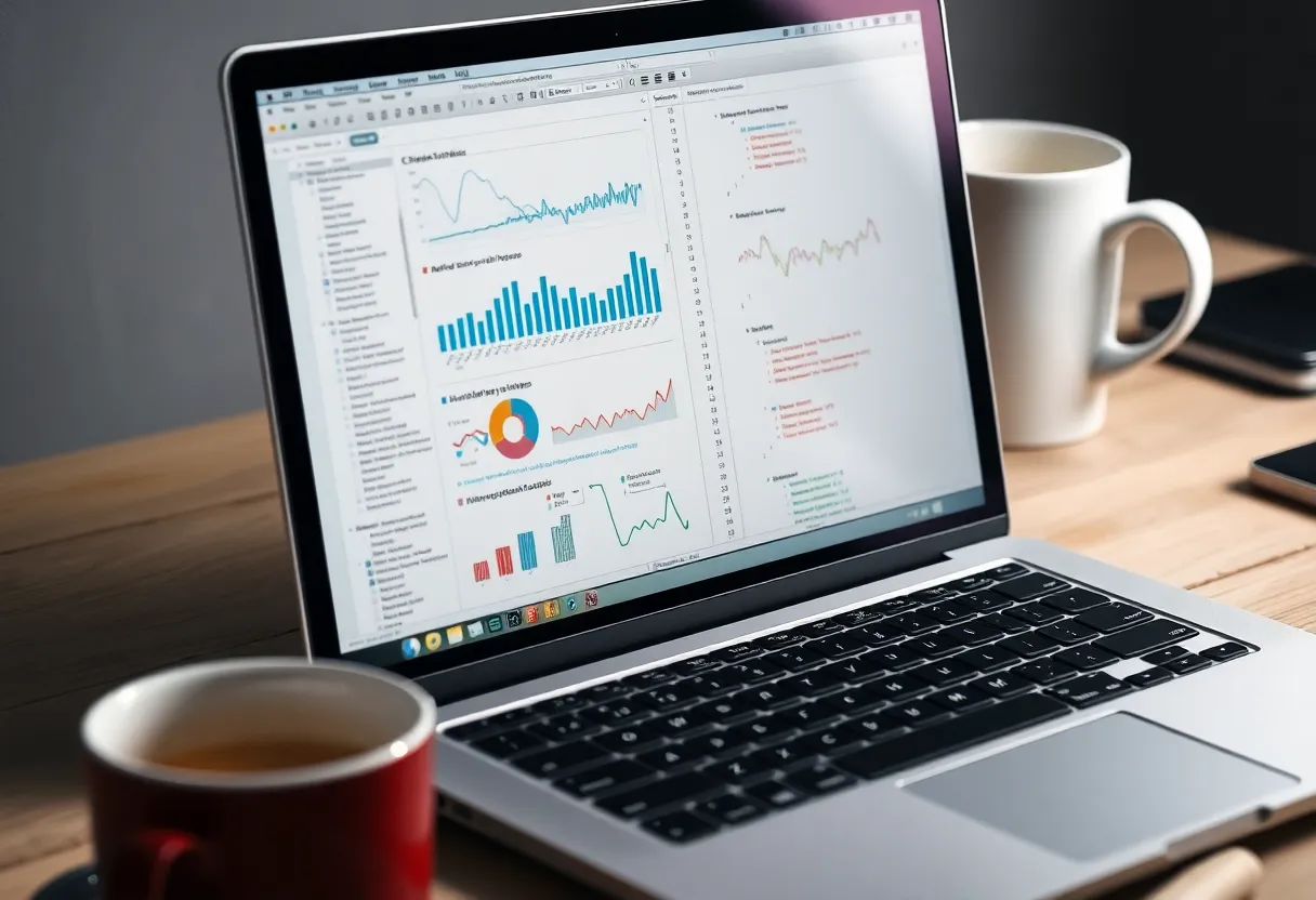 Laptop screen showing a data science notebook with statistical charts and code