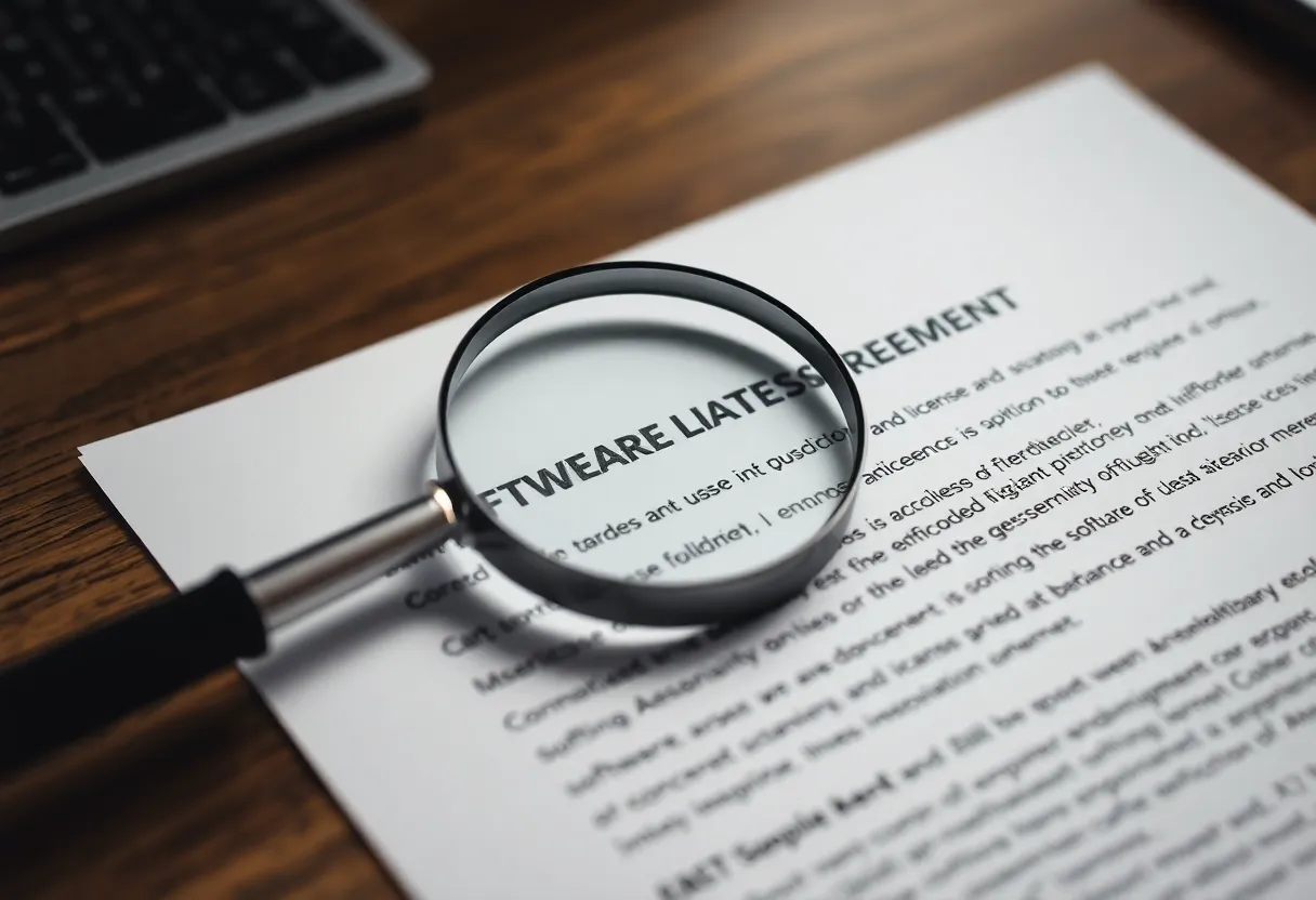 A close-up of a printed license agreement document with a magnifying glass over the fine print
