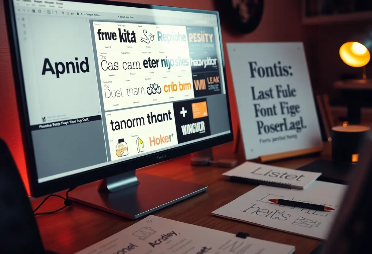 A designer's screen showing font selection software with typography samples