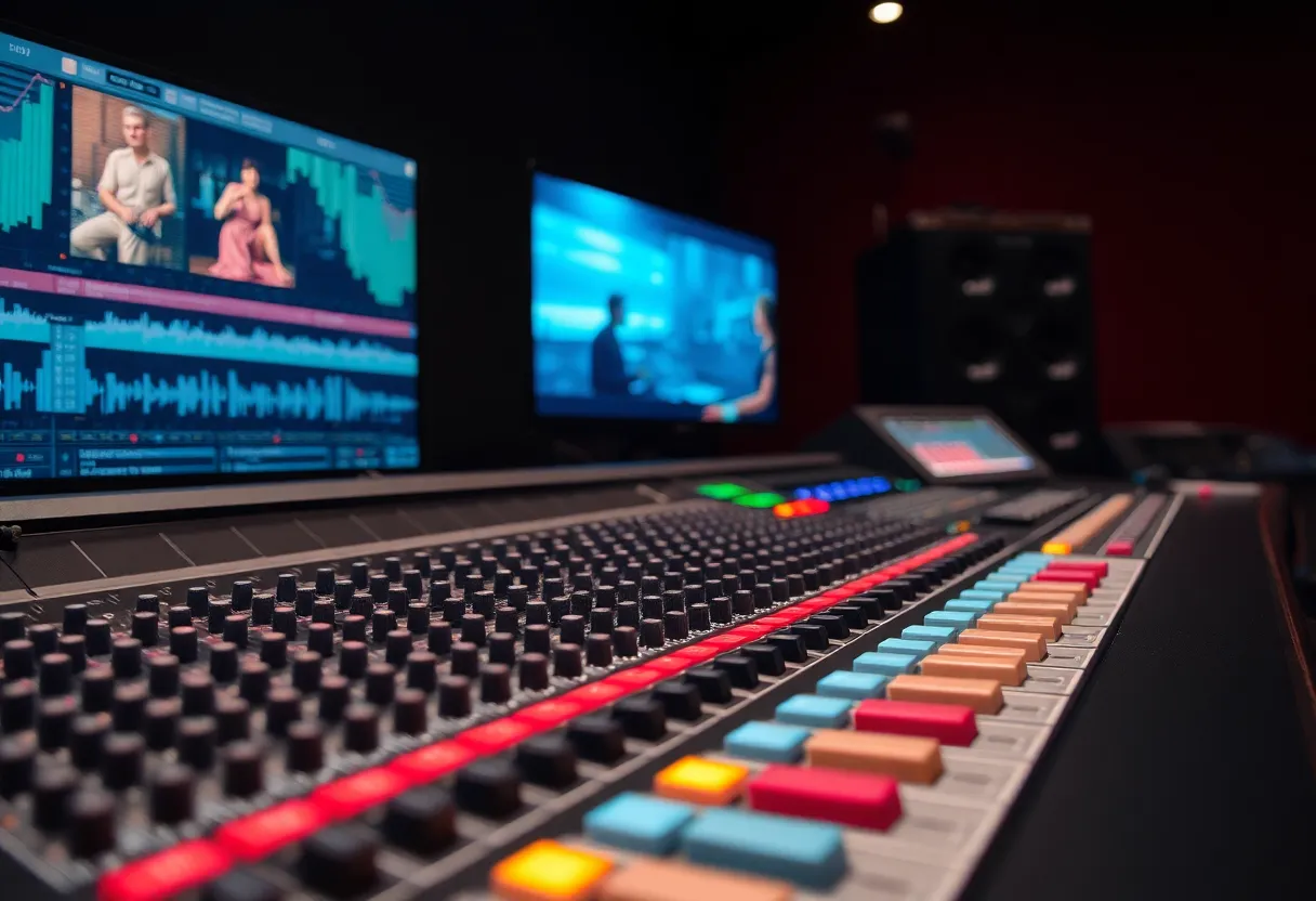 A close-up of a sound mixing console with audio waveforms displayed, used for dubbing post-production
