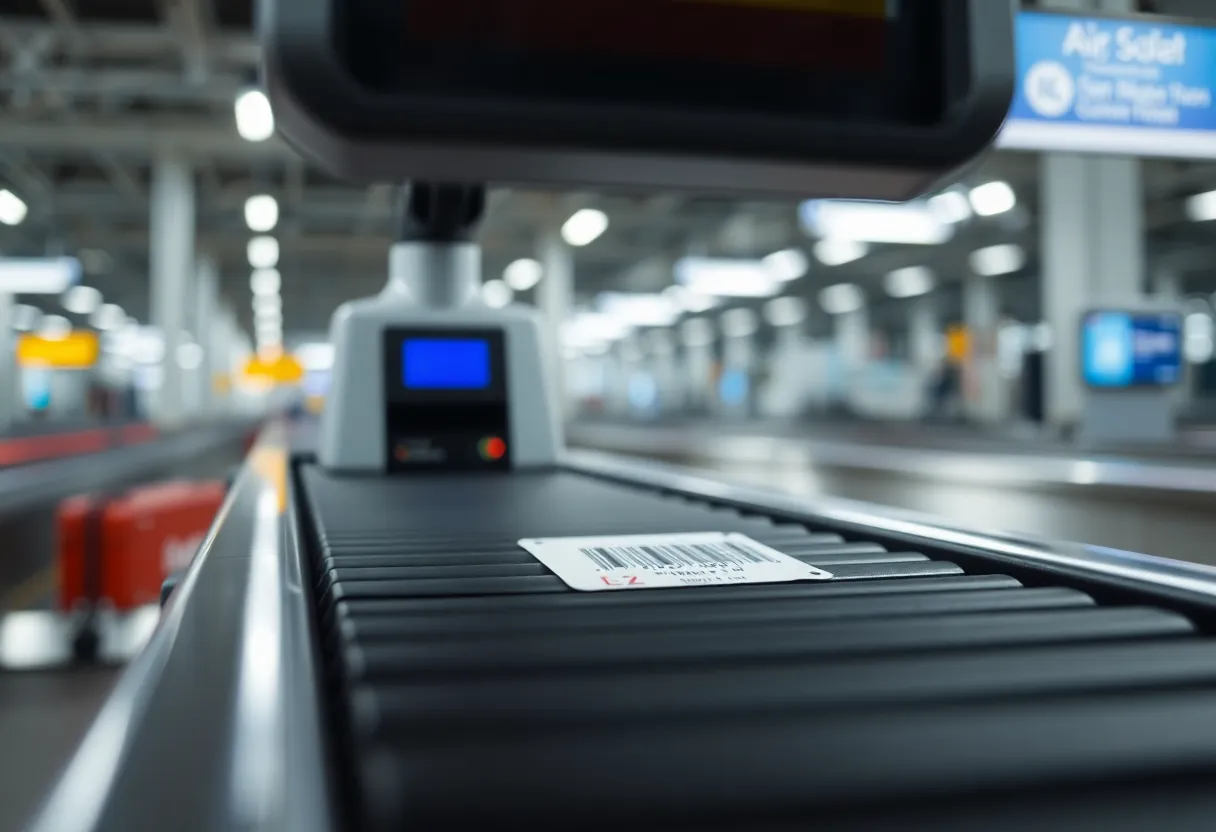Close-up of an automated baggage scanner reading a luggage tag barcode on a conveyor belt