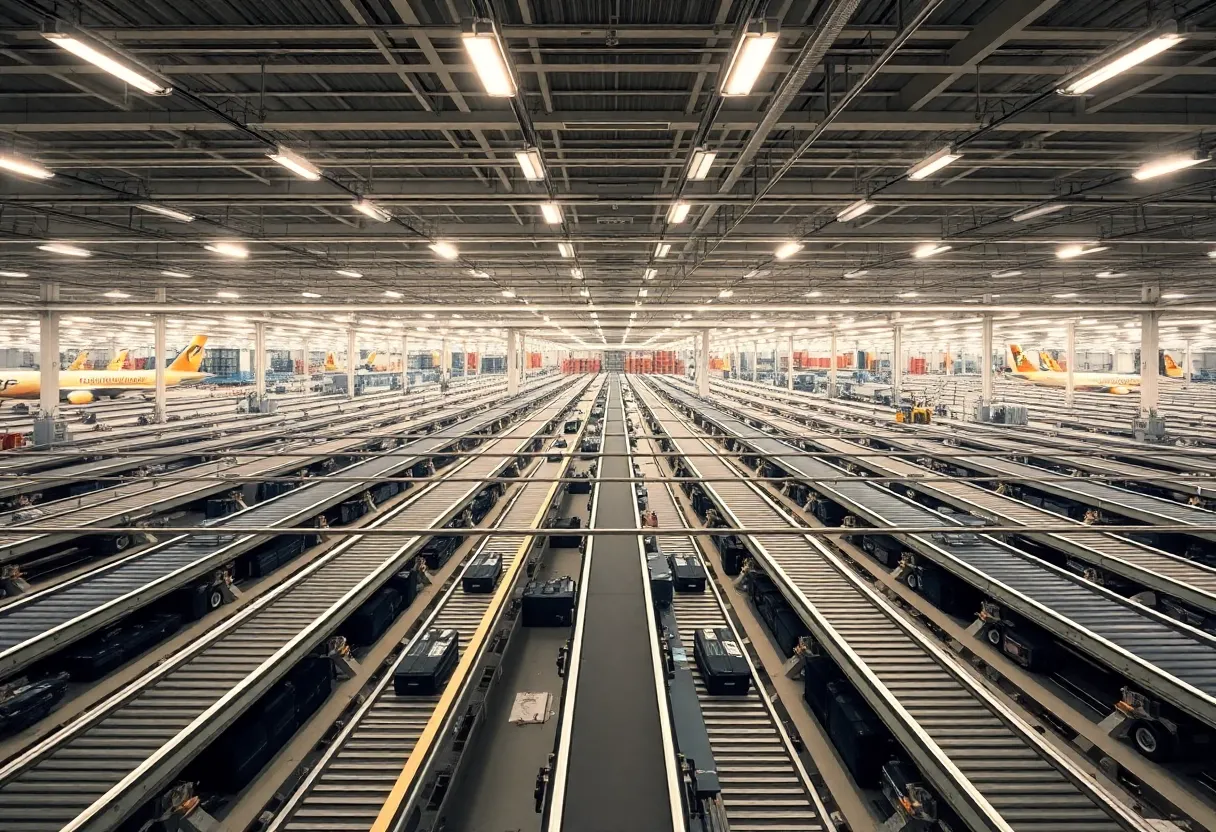 A vast airport baggage handling facility with conveyor belts and luggage sorting systems