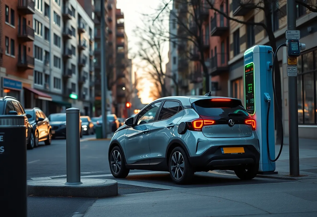Budget electric city car charging at a curbside charging station in an urban neighborhood