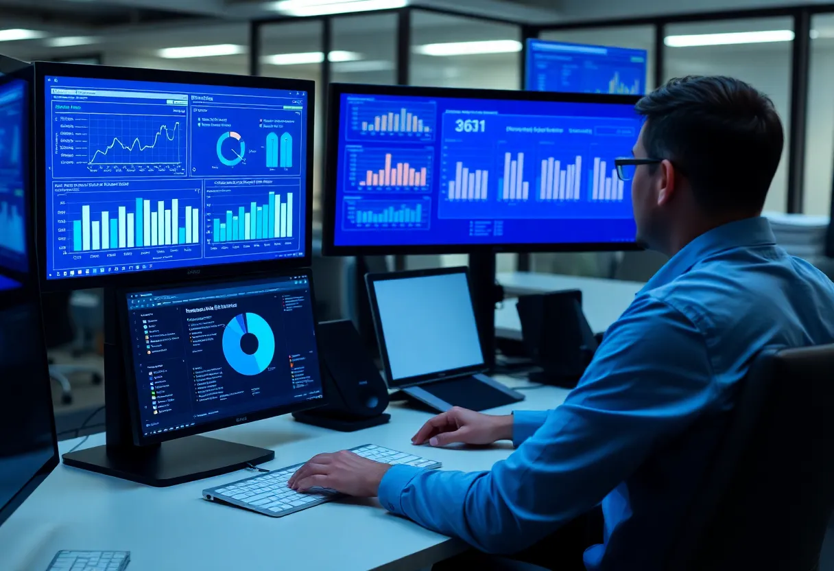 A data analyst reviewing charts of appliance failure rates and repair statistics on multiple monitors