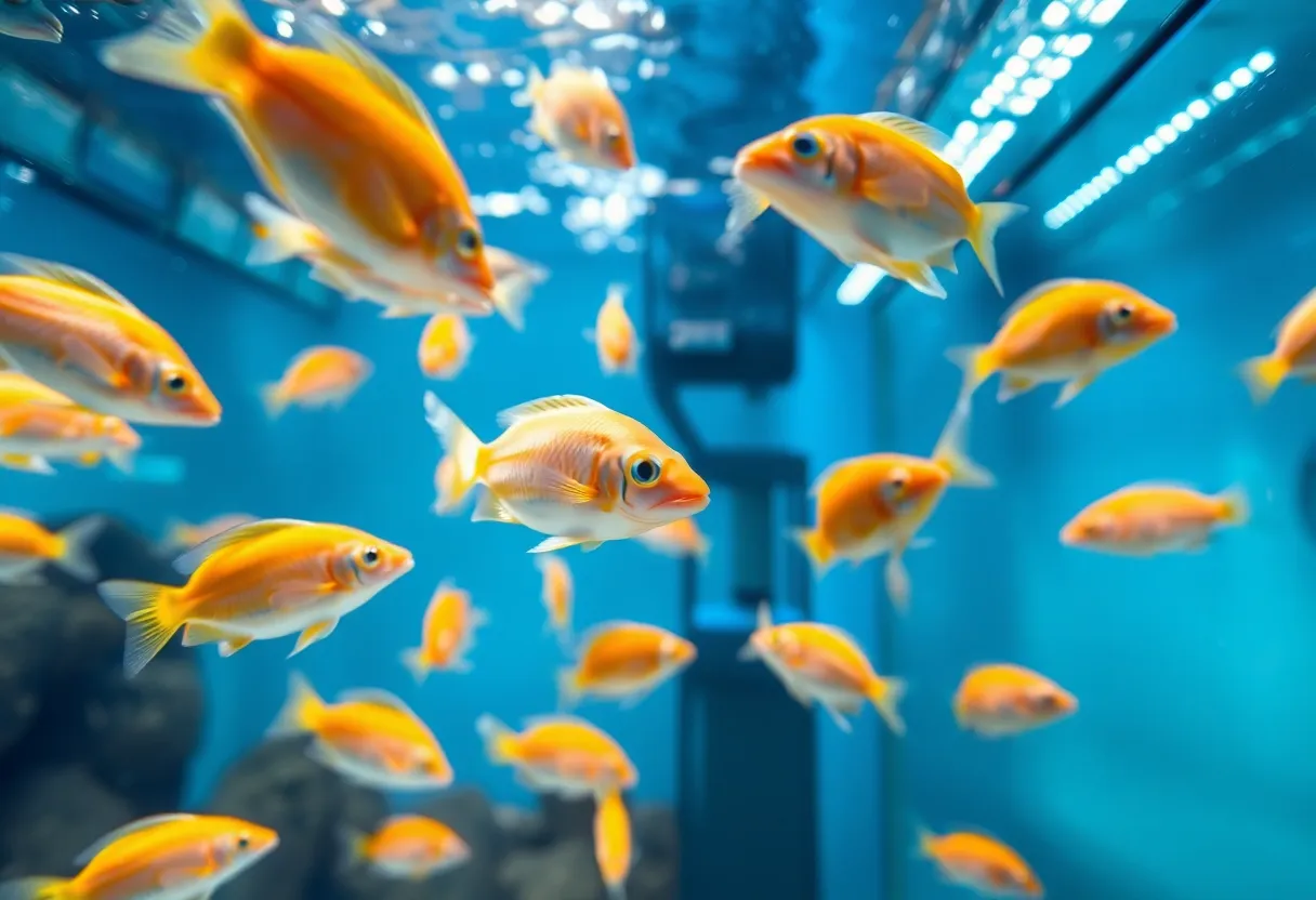 Fish swimming in a clean indoor recirculating aquaculture tank with visible filtration equipment