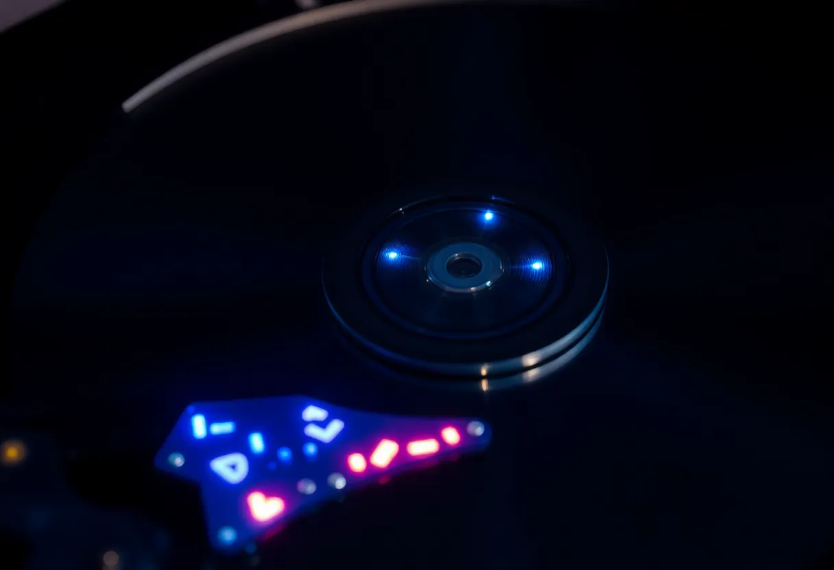 Abstract visualization of a hard drive platter with glowing data sectors, some fading out