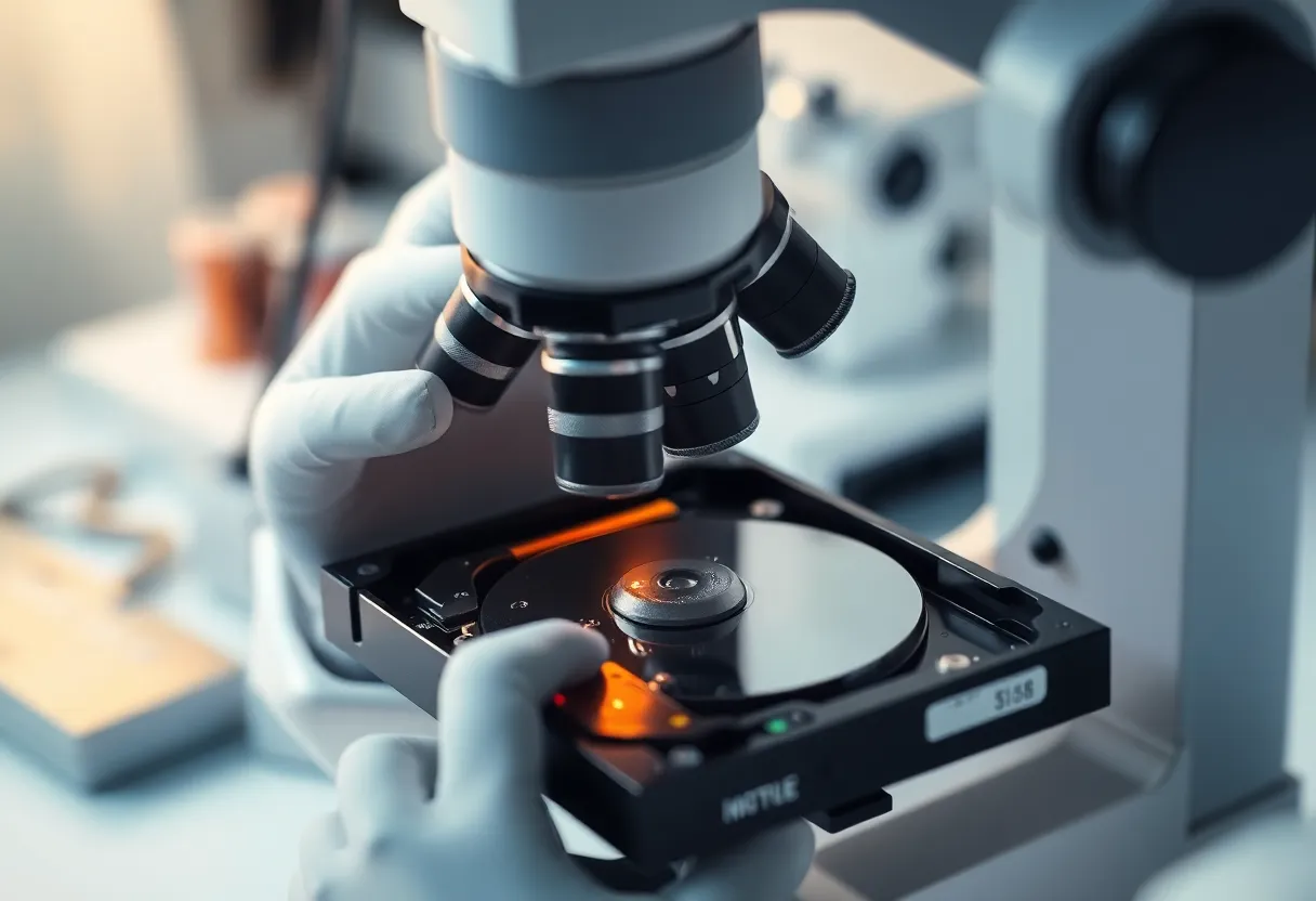 Data recovery specialist examining a disassembled hard drive under a microscope in a clean lab