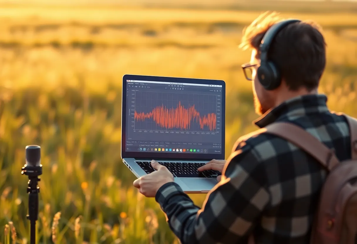 A researcher in a meadow reviewing an audio spectrogram on a laptop, with field recording equipment nearby