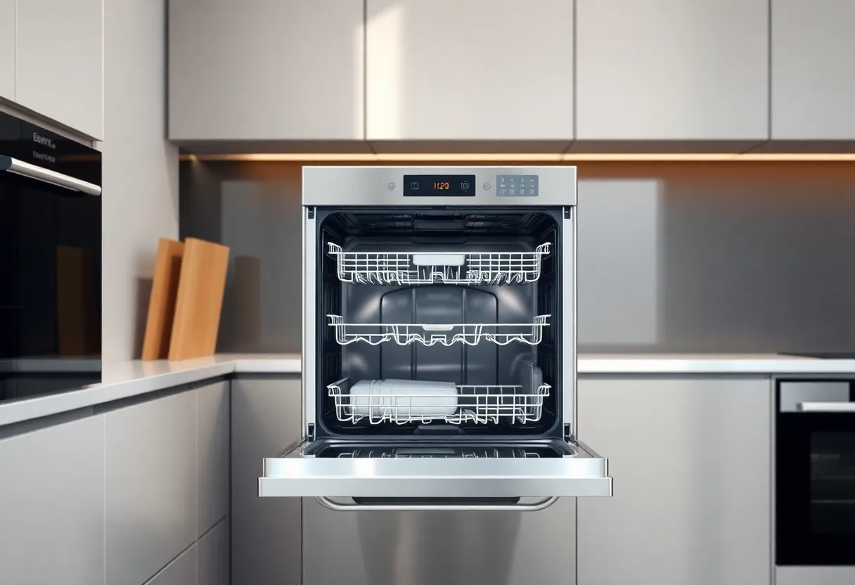 A modern stainless steel dishwasher installed in a sleek kitchen with the door partially open