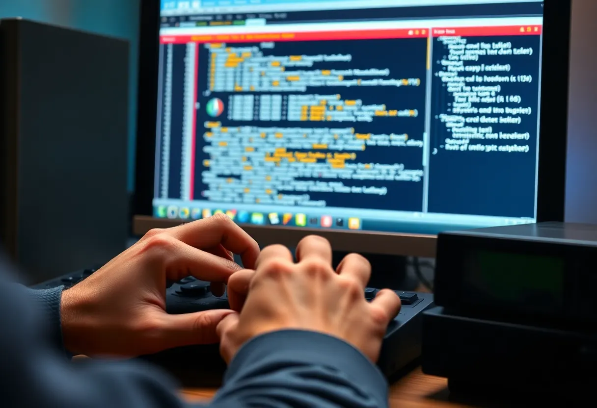 Hands using a hex editor and debugger software analyzing old video game code, retro console on desk