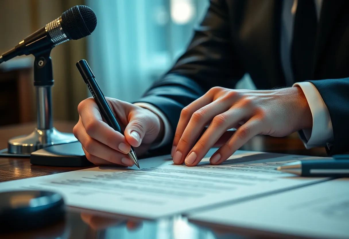 Close-up of hands signing a contract document on a desk next to a microphone