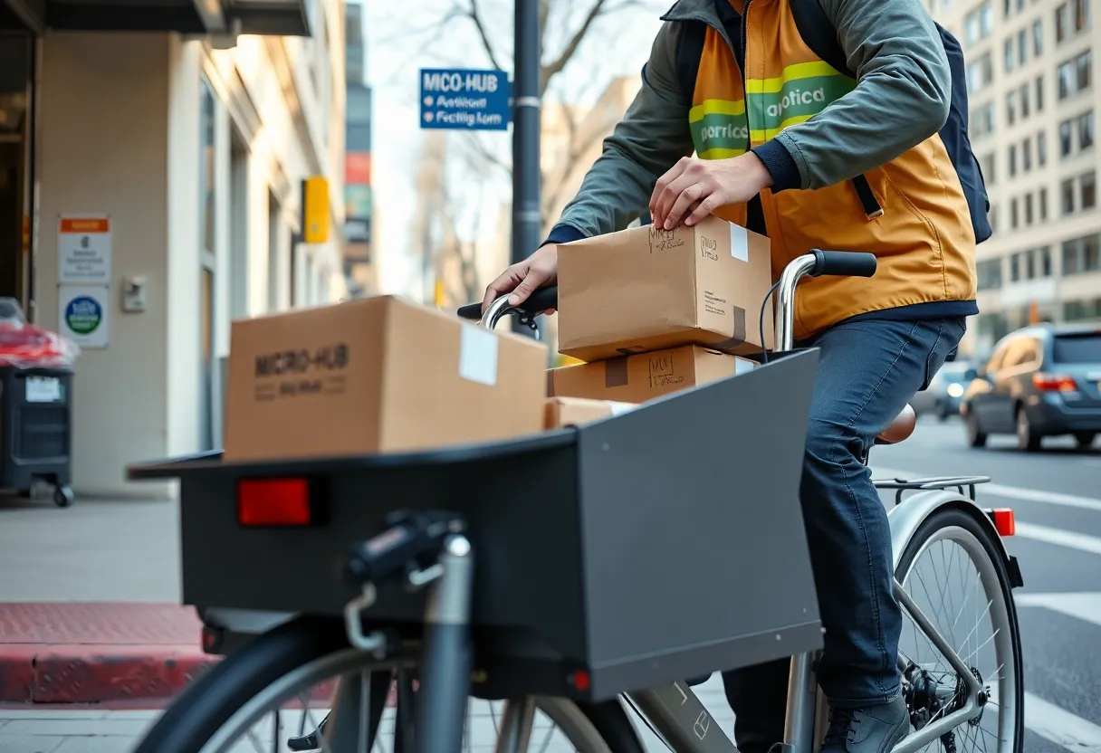 A delivery worker loading packages into a cargo bike trailer at an urban micro-hub depot