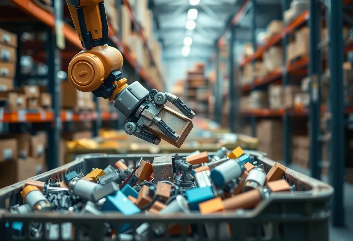 A robotic arm attempting to pick an oddly shaped item from a cluttered warehouse bin