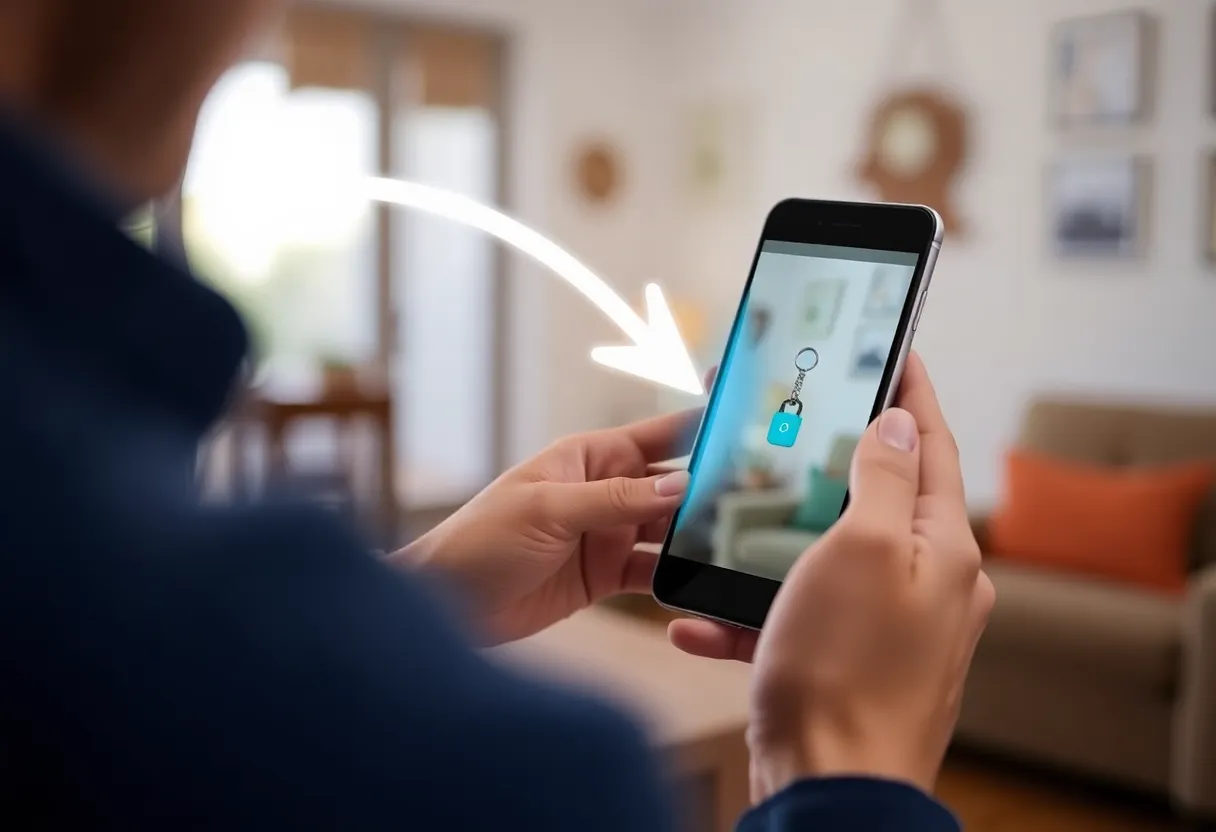 Person using a smartphone to locate a tracker tag with an augmented reality arrow overlay