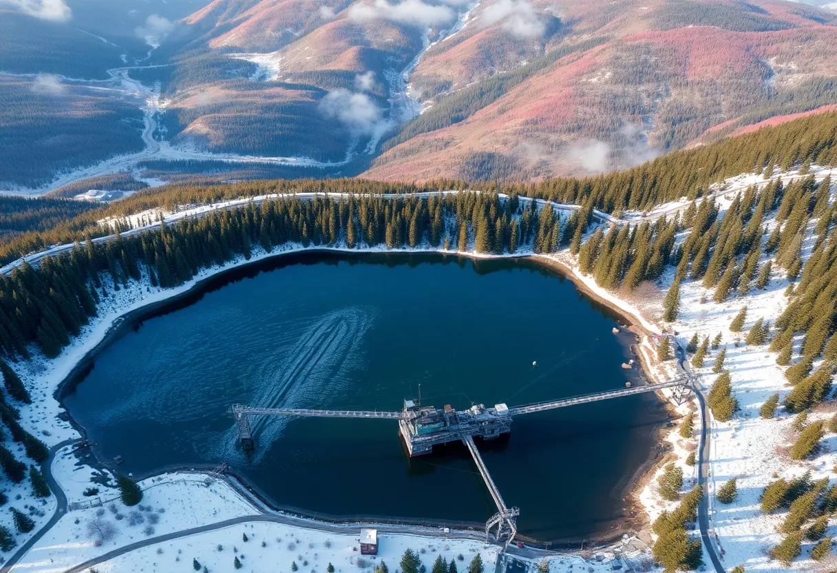 A mountain reservoir with pumping equipment used for ski resort snowmaking
