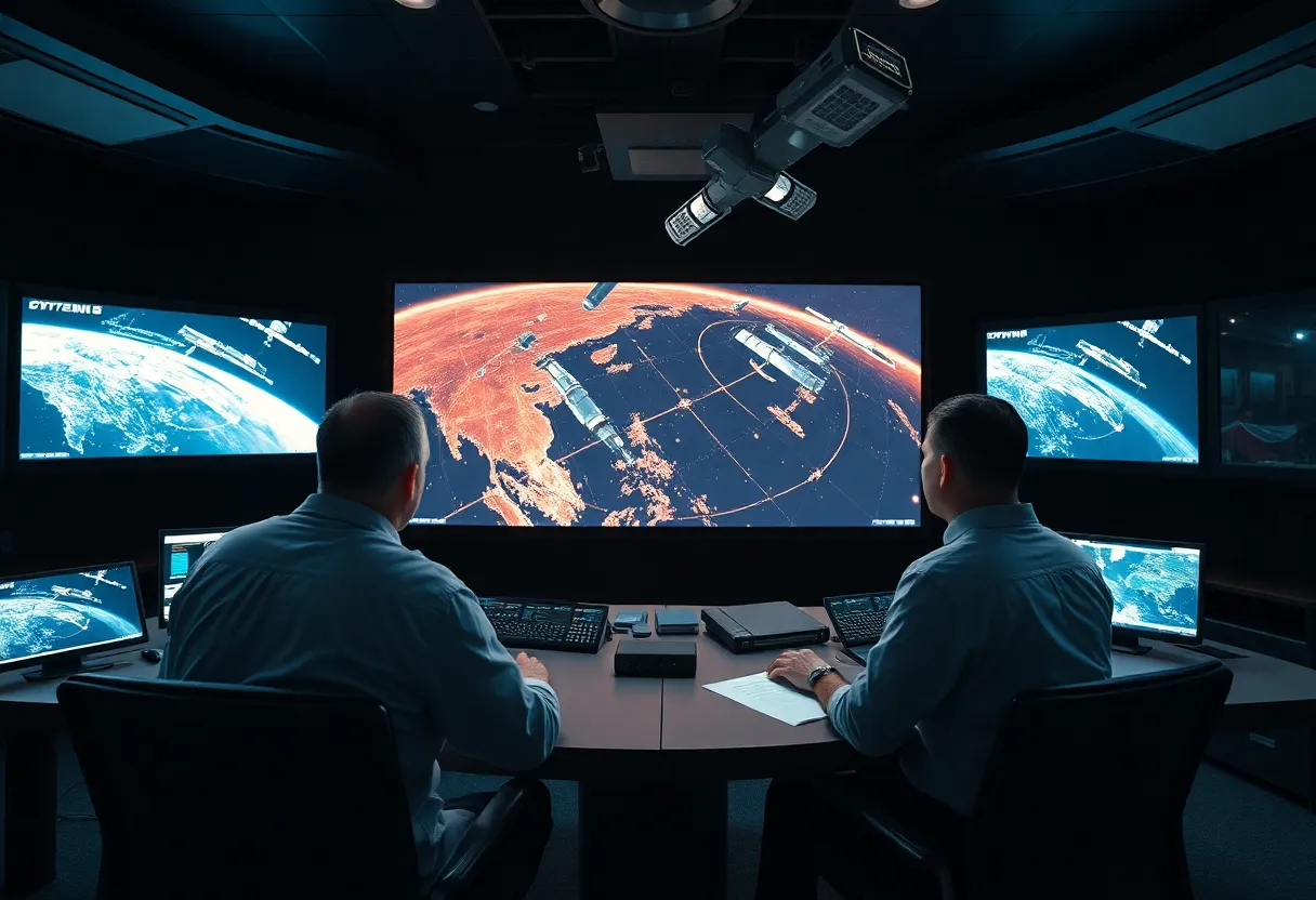 Mission control engineers monitoring satellite trajectory data on large display screens