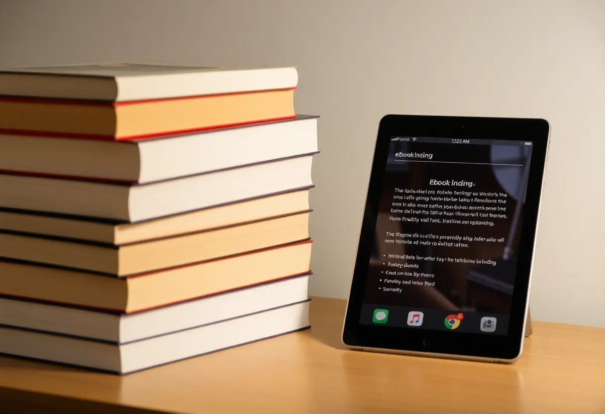A stack of hardcover books next to a tablet displaying an ebook lending app