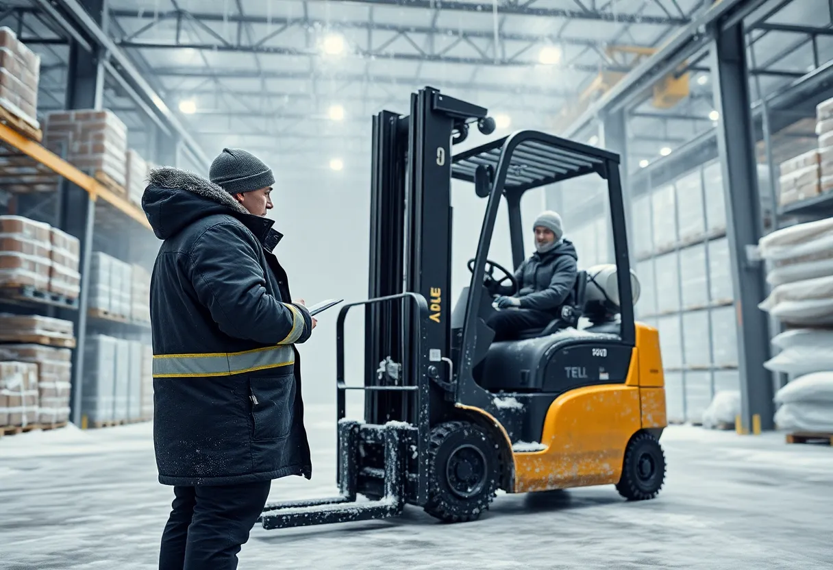 Engineer in a winter jacket inspecting a robotic forklift inside a frosty warehouse