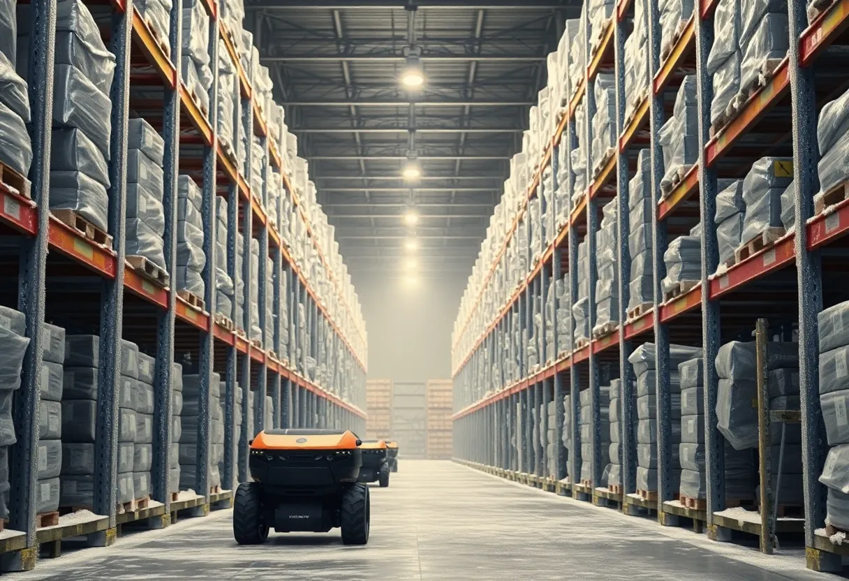 Autonomous robots navigating aisles of a frosty cold storage warehouse
