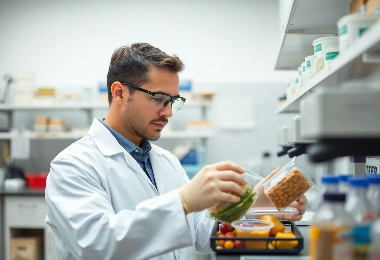 A food scientist in a laboratory testing packaged food samples for nutritional analysis