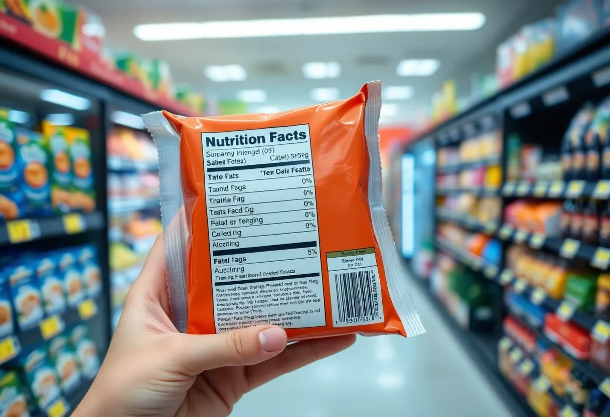 A close-up of a nutrition facts label on a packaged food product held in hand