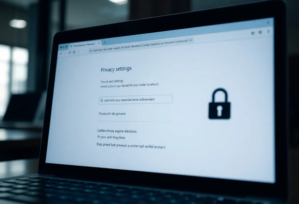 A laptop screen displaying browser privacy settings and a security padlock icon