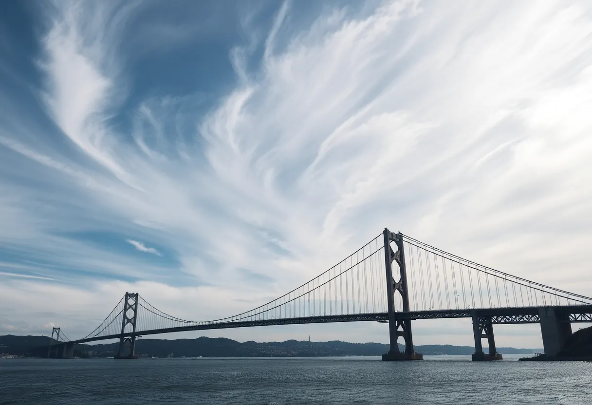 A large suspension bridge spanning a bay under a dramatic windy sky