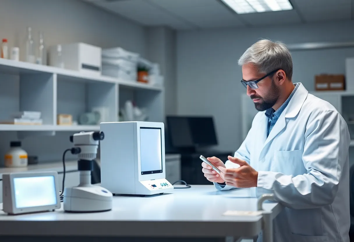 Clinical research lab with a scientist studying light therapy equipment and wavelength measurement instruments