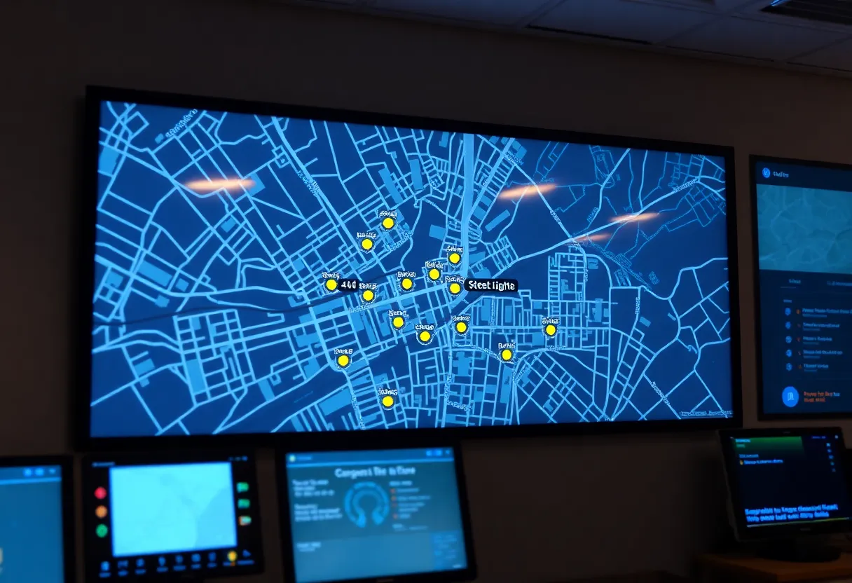 Municipal control room screen displaying a city map with streetlight status icons