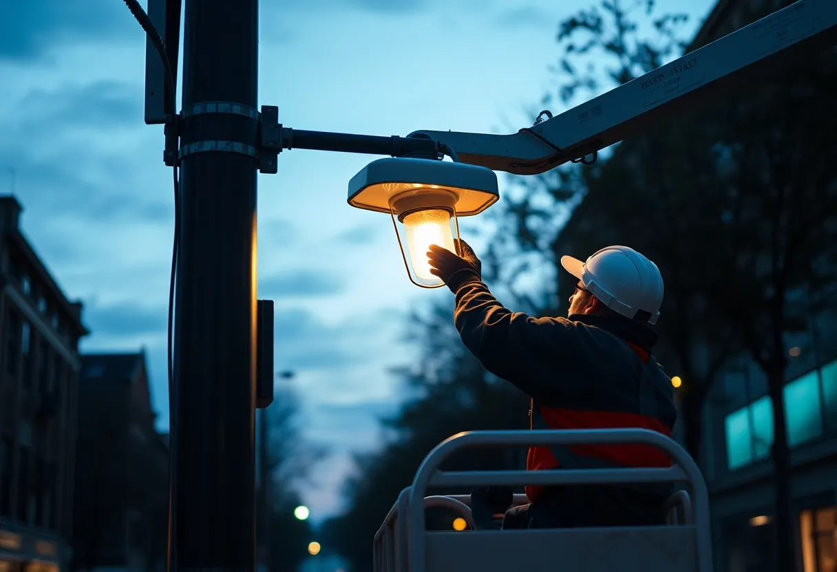 City maintenance crew removing a smart streetlight sensor module from a lamp post at dusk