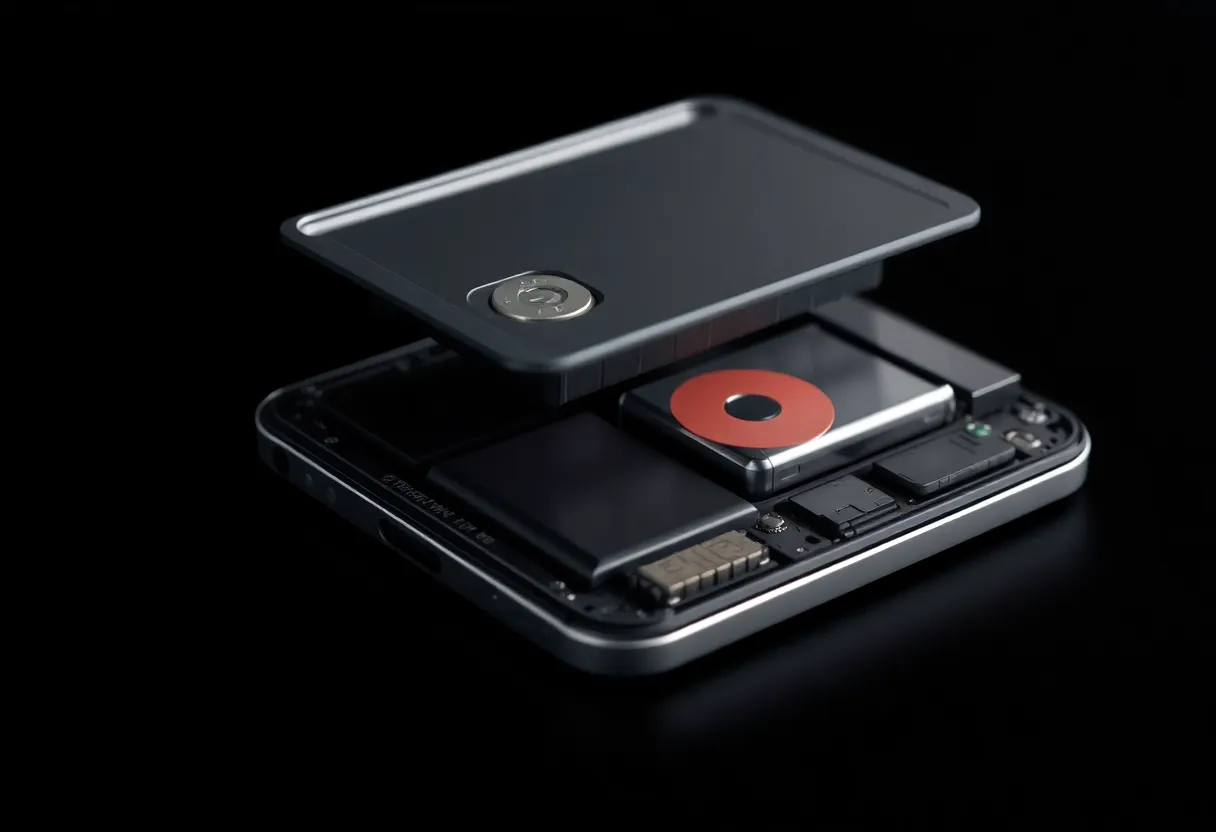 Exploded technical view of a foldable phone's internal battery cells and hinge mechanism