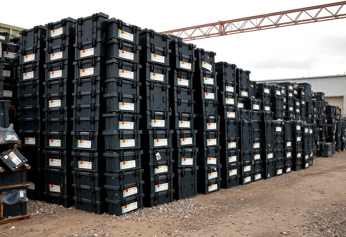 Pile of discarded electric vehicle battery packs stacked in a warehouse yard awaiting recycling
