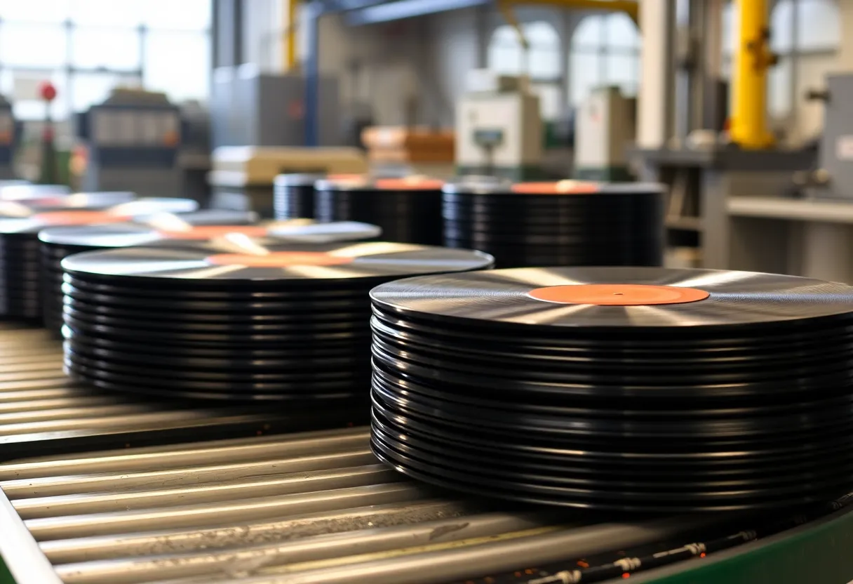 Stacks of freshly pressed vinyl records cooling on a factory conveyor belt