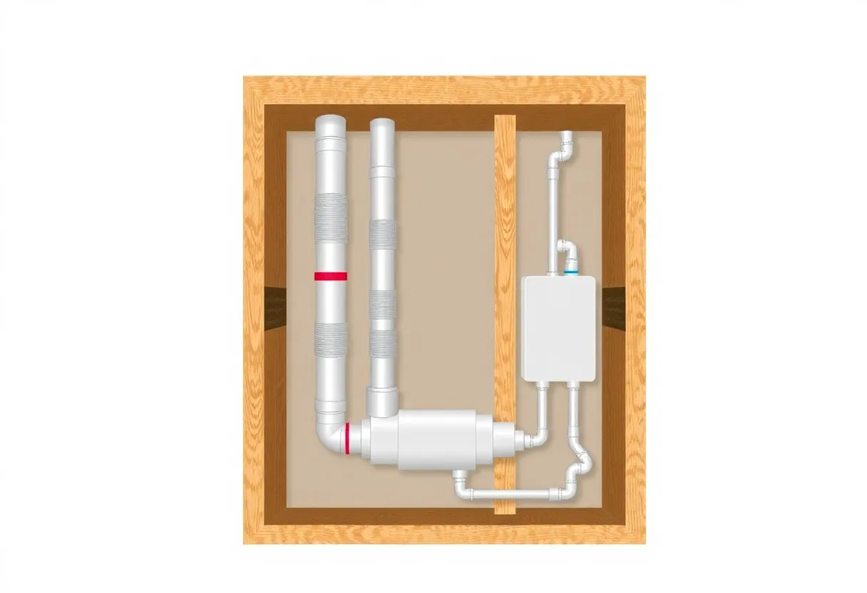 Cutaway diagram of ductwork being retrofitted into an old house wall for a heat pump system