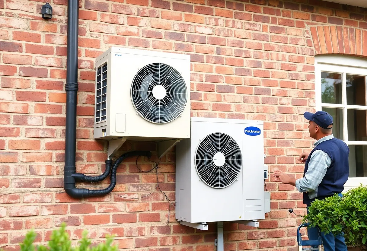 A heat pump outdoor unit being installed on the exterior wall of an old brick house
